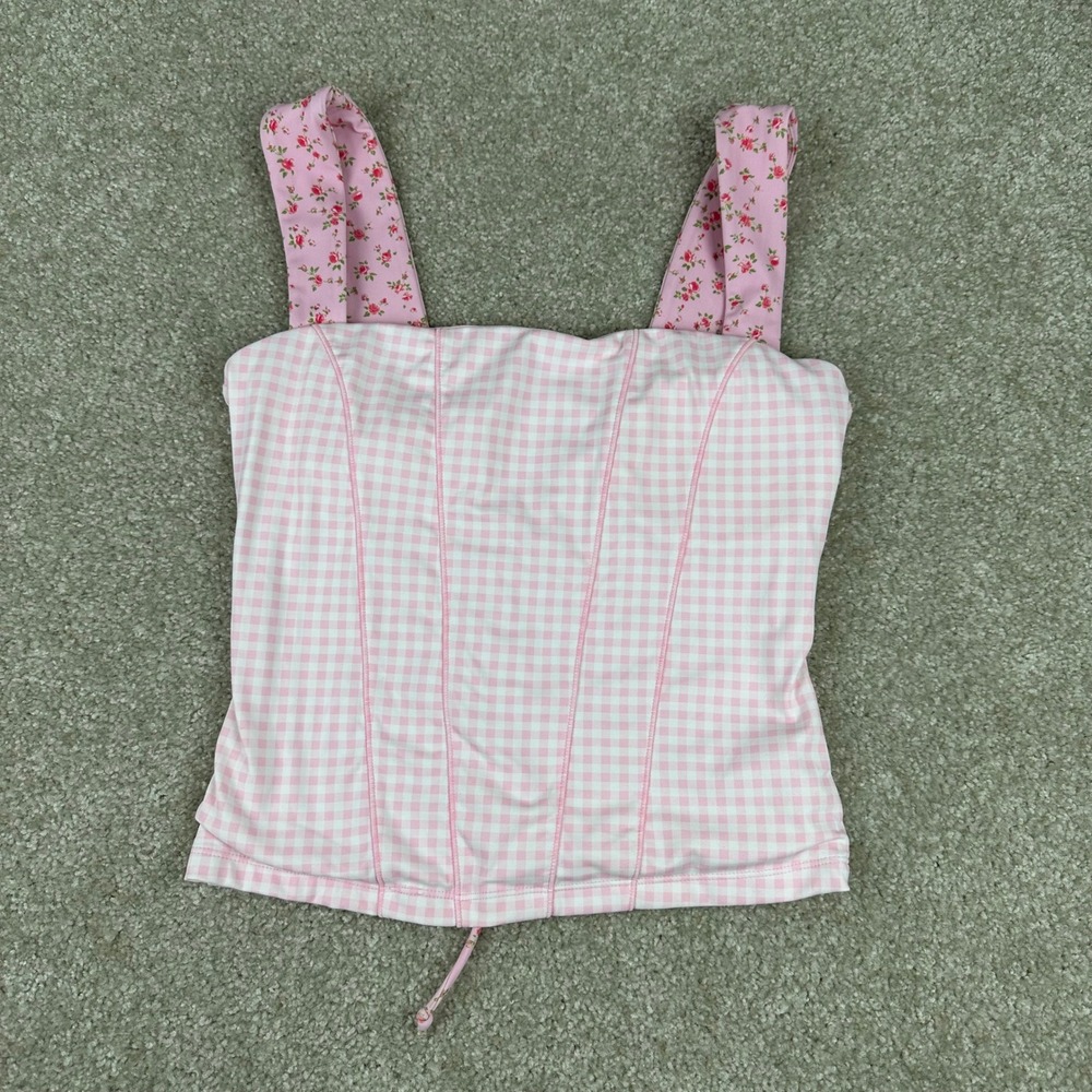 Blogilates Pink Gingham Corset Top Floral Straps Lace Up Back Medium Coquette